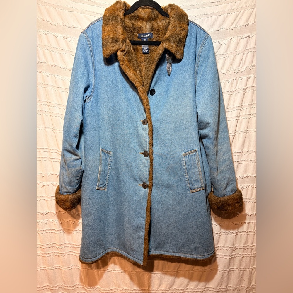 Vintage Denim & Co. long denim coat with faux fur